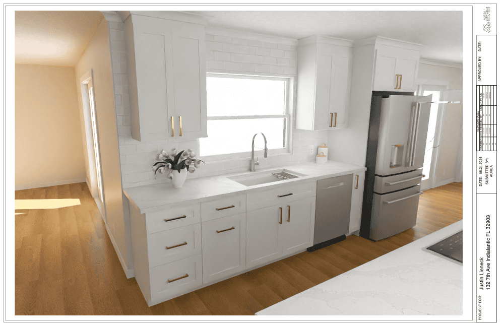 White modern kitchen with sleek cabinetry, stainless steel refrigerator, and natural light, featuring a minimalist design for contemporary home kitchens.