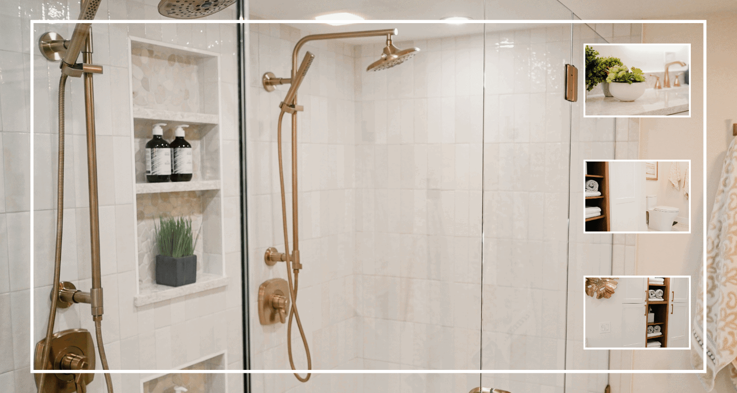 Shower bathroom renovation with modern fixtures and built-in niche for toiletries | Aurea Kitchens | Design + Build.