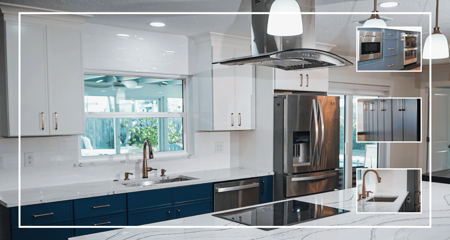Sleek modern kitchen with white and navy cabinetry, stainless steel appliances, and contemporary pendant lighting for stylish and functional home design.