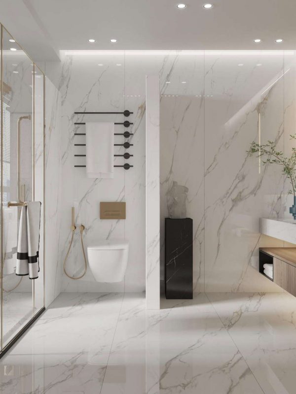 Luxury modern bathroom with marble finishes, walk-in shower, and minimalist vanity design featuring gold accents and natural elements. Perfect for upscale residential bathroom remodeling.