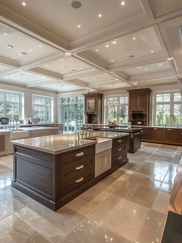 Contemporary kitchen design with elegant cabinetry, large island with farmhouse sink, ample natural light, and luxurious tile flooring ideal for modern home enthusiasts.