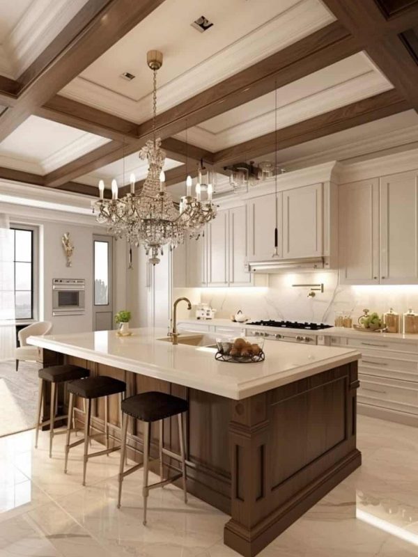 Luxury custom kitchen design with elegant cabinetry, polished marble countertops, and a sophisticated chandelier, showcasing high-end kitchen renovation by Aurea Kitchens.