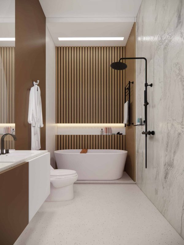 Sleek modern bathroom with minimalist design, featuring a freestanding bathtub, wooden wall accents, and black matte shower fixtures for a contemporary aesthetic.