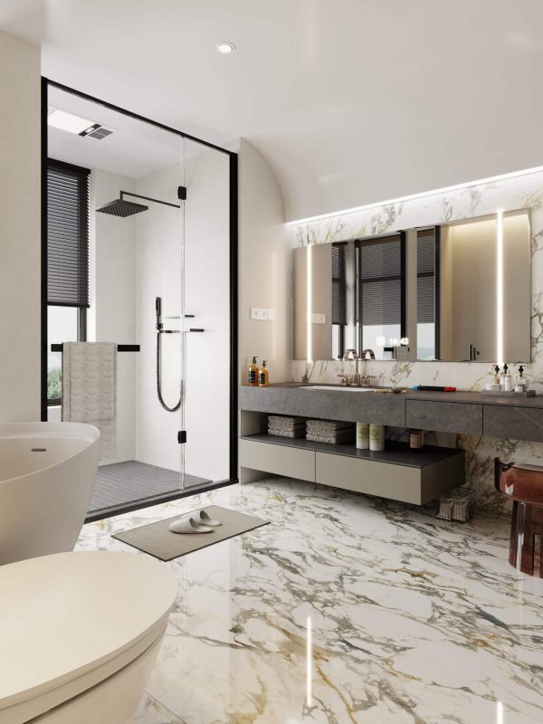 Luxurious modern bathroom with walk-in shower, marble flooring, minimalist vanity with large mirror, and elegant design by Aurea Kitchens.