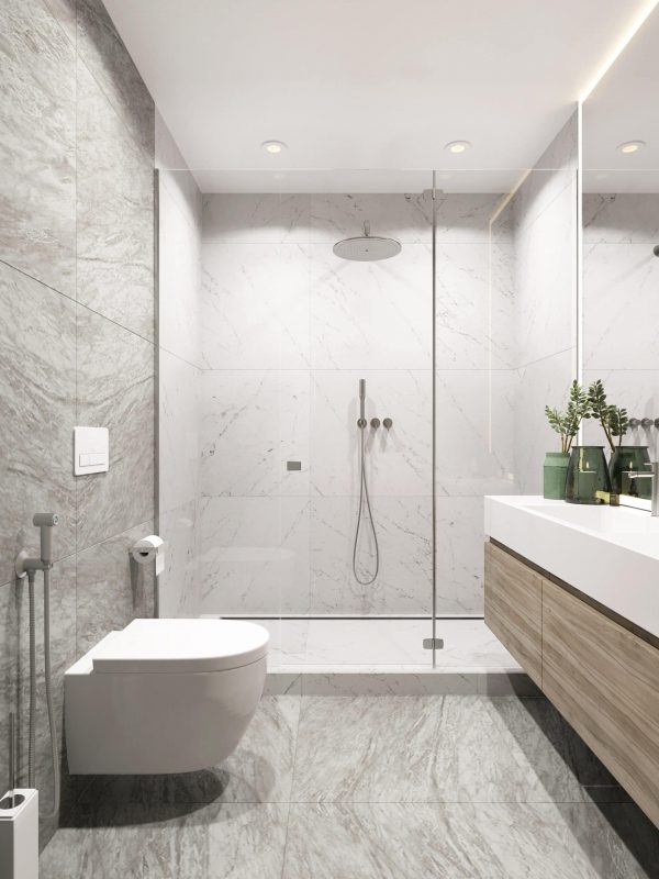 Modern minimalist bathroom with walk-in shower, sleek white fixtures, and natural wood vanity emphasizes contemporary design and luxurious comfort.