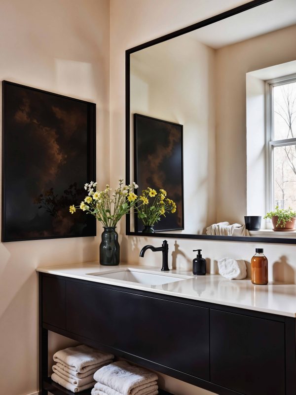 Modern bathroom vanity with black cabinetry, white countertop, mounted black faucet, and decorative vases, showcasing contemporary bathroom design and high-quality craftsmanship.