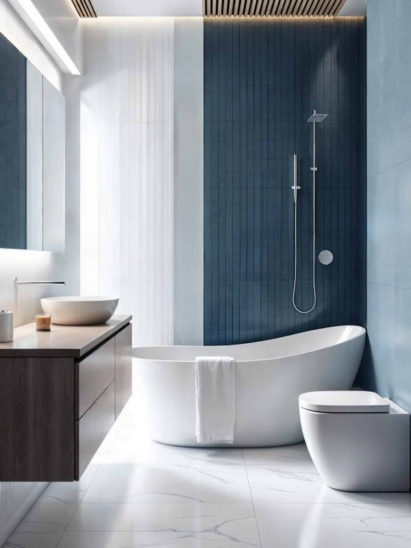 Modern minimalist bathroom with a sleek freestanding bathtub, walk-in shower with blue tiled wall, and elegant vanity featuring a vessel sink, designed by Aurea Kitchens for luxurious home interiors.
