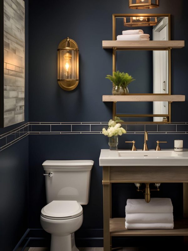 Elegant navy blue bathroom with gold fixtures, wall sconces, and a modern vanity, showcasing luxury bathroom design and build by Aurea Kitchens.