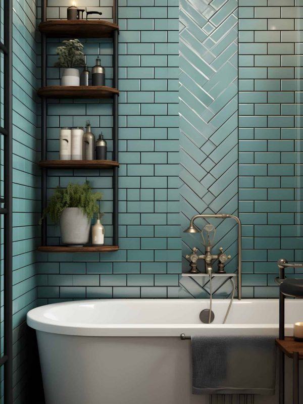 Vintage-style bathroom with a freestanding bathtub against blue subway tile walls, featuring a black metal shelf and wooden accents, creating a cozy, modern design.